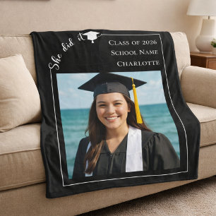 Black white modern photo Graduation she did it Fleece Blanket