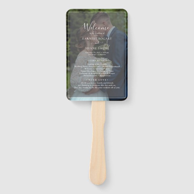 Black & White Modern Photo Overlay Wedding Program Hand Fan (Front)