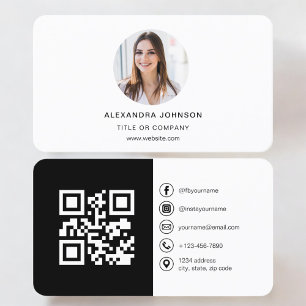 Black White Modern Photo with QR Code Social Media Business Card