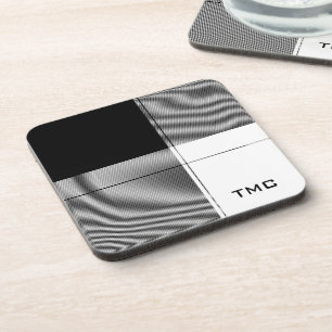 Black White Modern Plaid INITIALS Preppy Chic Coaster