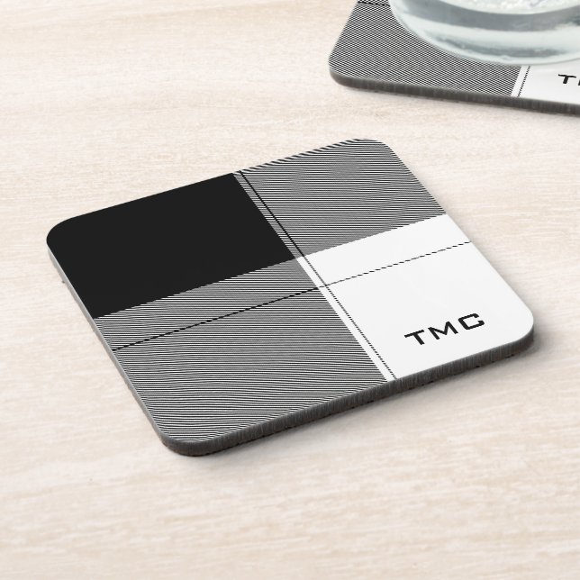 Black White Modern Plaid INITIALS Preppy Chic Coaster (Left Side)