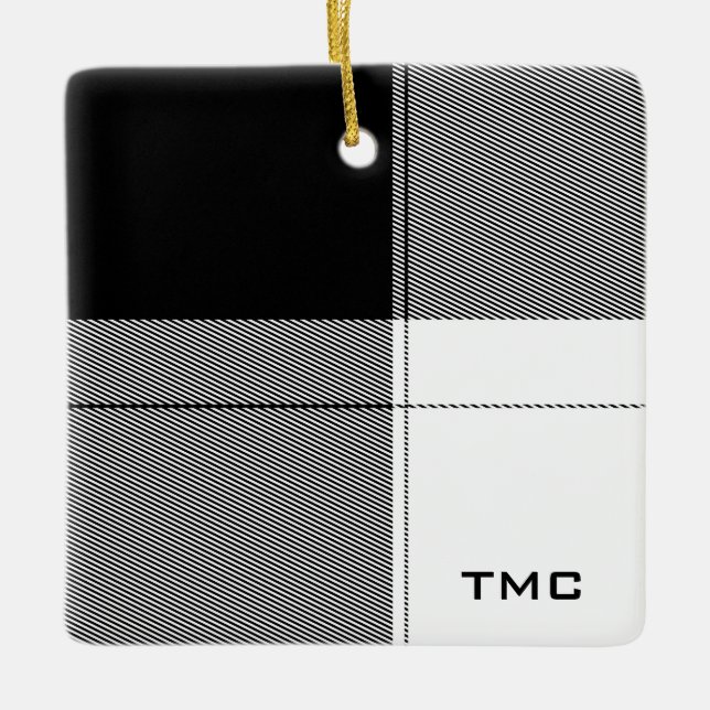 Black White Modern Plaid Monogram Initials Chic Ceramic Ornament (Front)