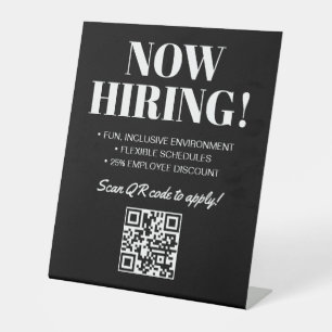 Black White Modern QR Code Now Hiring Pedestal Sign