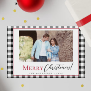 Black White Modern Rustic Plaid Couple photo Holiday Card