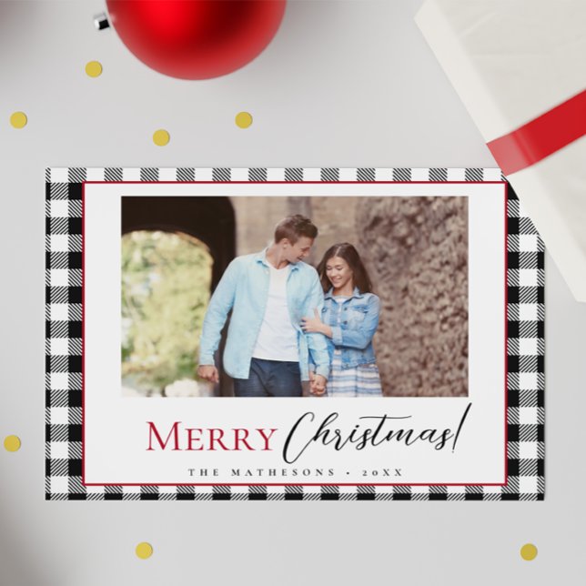 Black White Modern Rustic Plaid Couple photo Holiday Card (Merry Christmas couple first holiday card with photo, black and white plaid.)