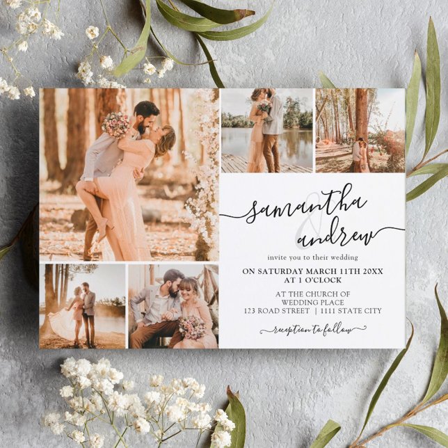 Black white modern script 6 photos wedding invitation (Creator Uploaded)