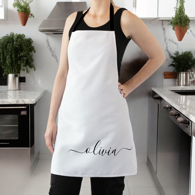 Black White Modern Script Girly Monogram Name Apron (Creator Uploaded)