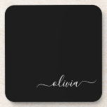 Black White Modern Script Girly Monogram Name Coaster<br><div class="desc">Black and White Simple Script Monogram Name Paper Coasters. This makes the perfect graduation,  birthday,  wedding,  bridal shower,  anniversary,  baby shower or bachelorette party gift for someone that loves glam luxury and chic styles.</div>