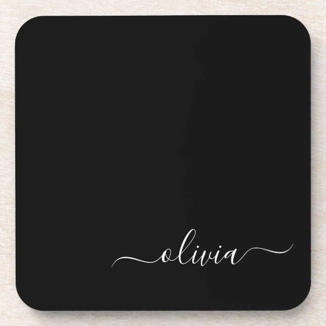 Black White Modern Script Girly Monogram Name Coaster (Front)