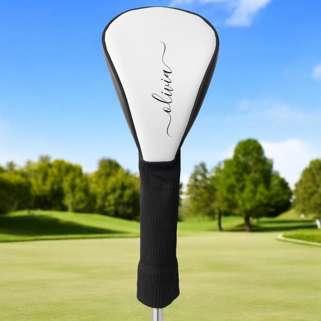 Black White Modern Script Girly Monogram Name Golf Head Cover (Creator Uploaded)