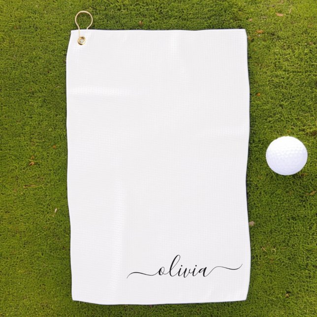 Black White Modern Script Girly Monogram Name Golf Towel (Creator Uploaded)