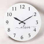 Black White Modern Script Girly Monogram Name Large Clock<br><div class="desc">Black and White Simple Script Monogram Name Clock. This makes the perfect sweet 16 birthday,  wedding,  bridal shower,  anniversary,  baby shower or bachelorette party gift for someone that loves glam luxury and chic styles.</div>