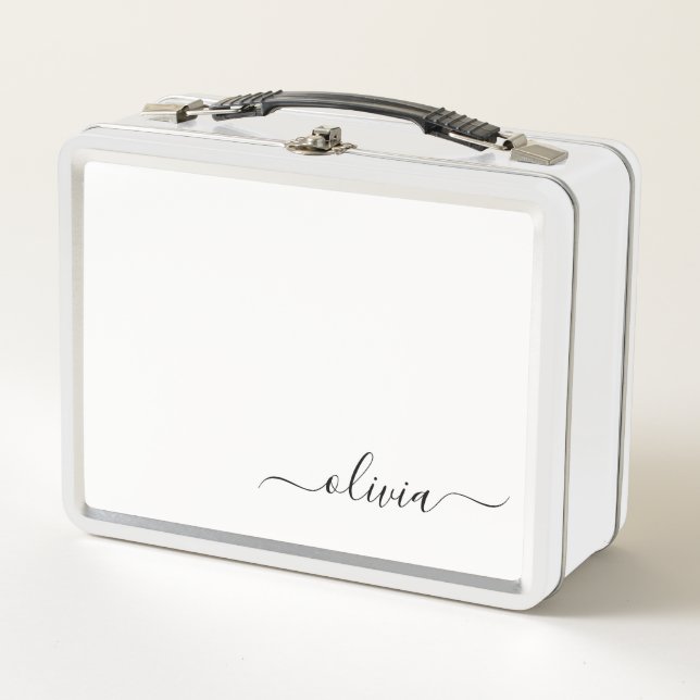 Black White Modern Script Girly Monogram Name Metal Lunch Box (Front)