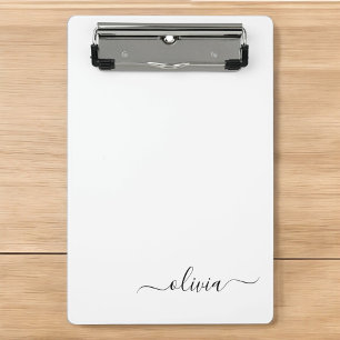 Black White Modern Script Girly Monogram Name Mini Clipboard