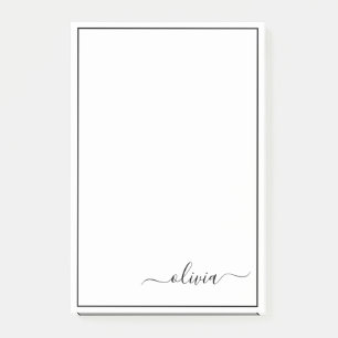 Black White Modern Script Girly Monogram Name Post-it Notes