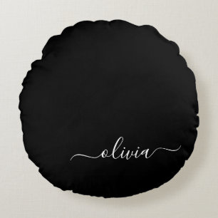 Black White Modern Script Girly Monogram Name Round Cushion
