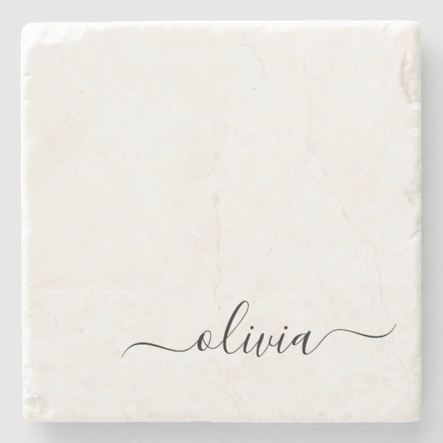 Black White Modern Script Girly Monogram Name Stone Coaster (Front)
