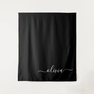 Black White Modern Script Girly Monogram Name Tapestry