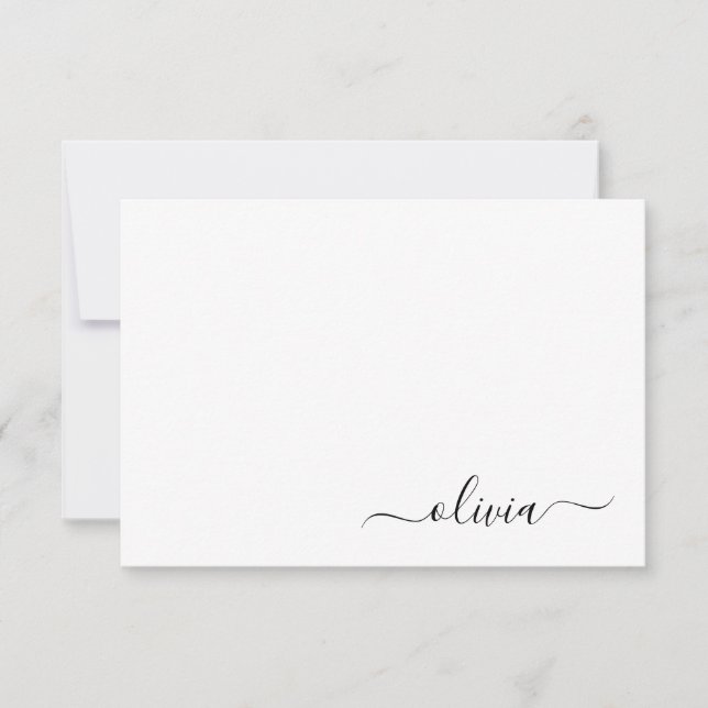 Black White Modern Script Girly Monogram Name Thank You Card (Front)