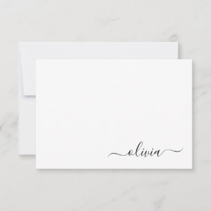 Black White Modern Script Girly Monogram Name Thank You Card