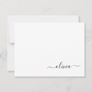 Black White Modern Script Girly Monogram Name Thank You Card