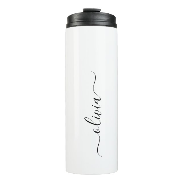Black White Modern Script Girly Monogram Name Thermal Tumbler (Front)