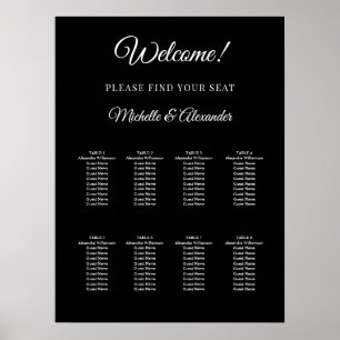 Black white modern script wedding seating chart