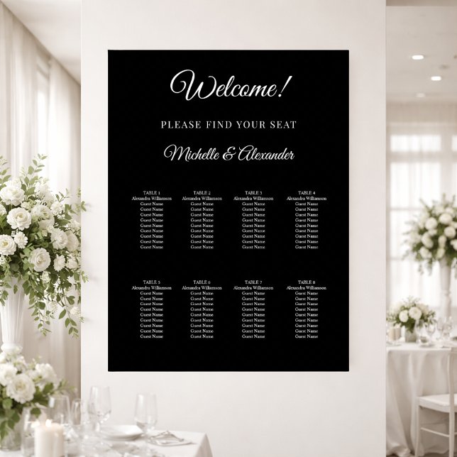 Black white modern script wedding seating chart (Creator Uploaded)