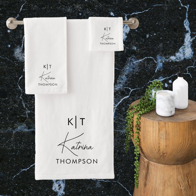 Black & White Modern Signature Script Monogram Bath Towel Set (Creator Uploaded)