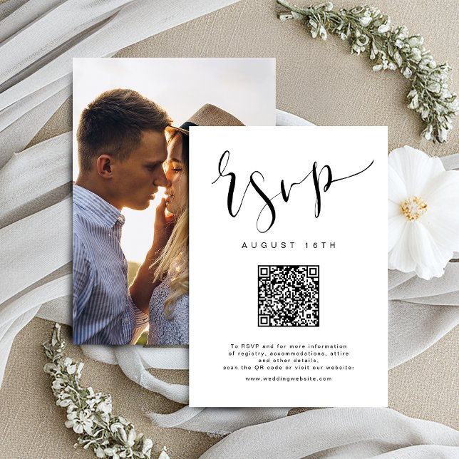 Black White Modern Simple Script wedding QR code RSVP Card (Black White Modern Simple Script wedding QR code RSVP Card)