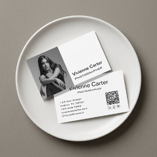 Black White Modern Social Icon QR Code Photography Business Card