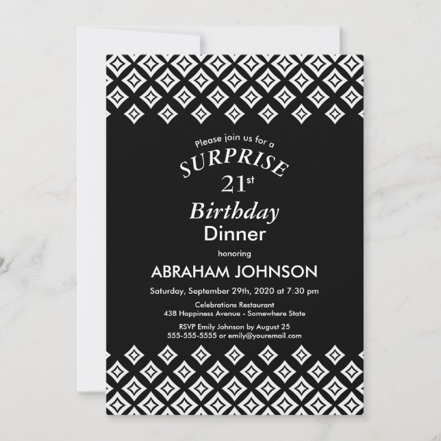 Black White Modern Surprise 21st Birthday Dinner Invitation (Front)