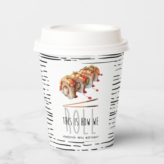Black White Modern Sushi Adult Birthday Paper Cups (Front)