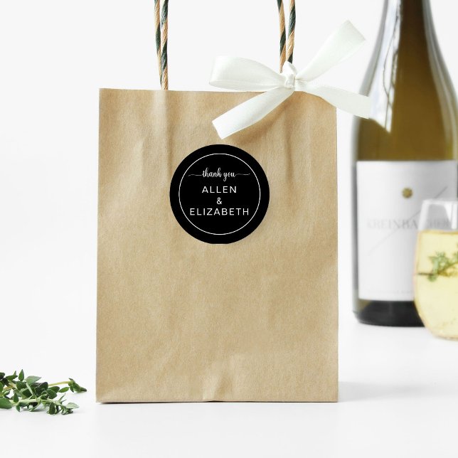 Black White Modern Thank You Card Wedding Favour Classic Round Sticker (Creator Uploaded)