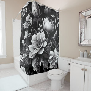 Black White Modern Vintage Botanical Floral Shower Curtain