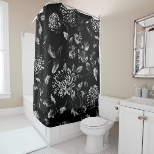 Black White Modern Vintage Giant Floral Toile Shower Curtain