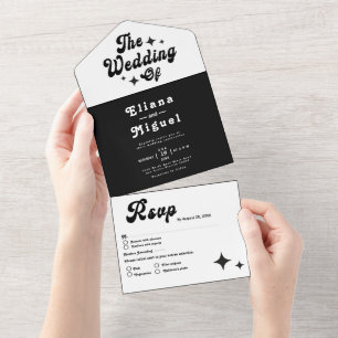 Black white  Modern Vintage retro script Wedding  All In One Invitation