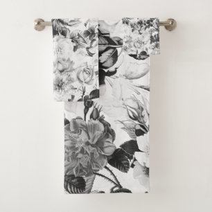 Black white modern watercolor country floral bath towel set