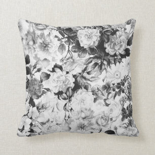 Black white modern watercolor country floral cushion
