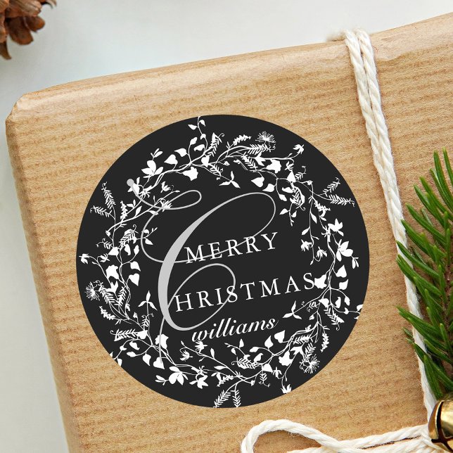 Black & White Modern Wildflower Wreath Christmas Classic Round Sticker (Creator Uploaded)