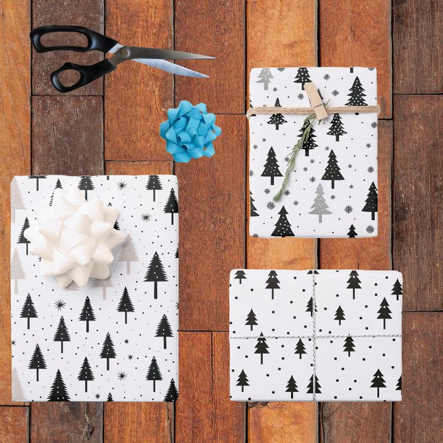 Black White Monochrome Christmas Trees Minimal  Wrapping Paper Sheet (Creator Uploaded)