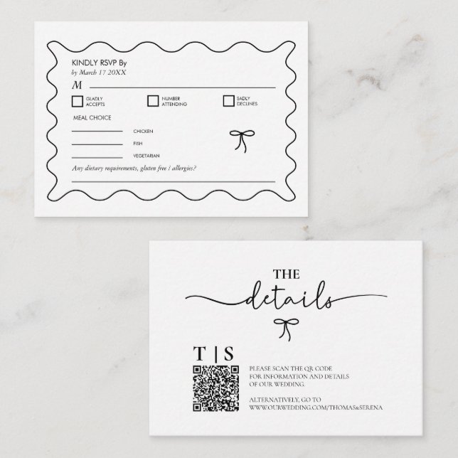 Black & White Monochrome Wavy Curve QR Code RSVP Card (Front/Back)