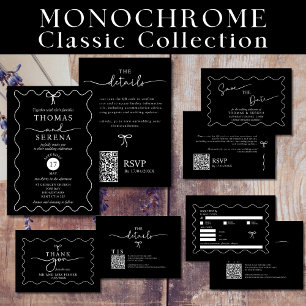 Black & White Monochrome Wavy Curve QR Code RSVP Card