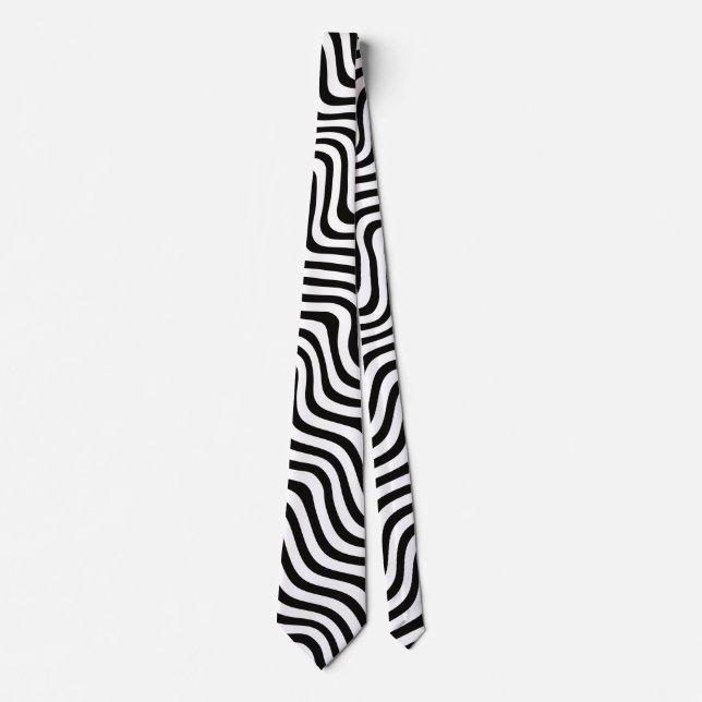 Black White Monochrome Wavy Striped Tie (Front)