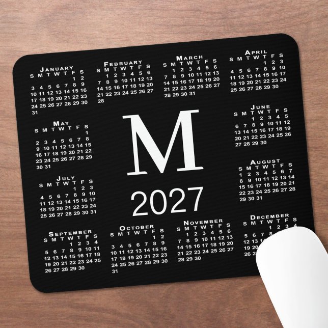 Black White Monogram 2027 Calendar Mouse Pad (Black White Monogram 2027 Calendar Mouse Pad in situ)