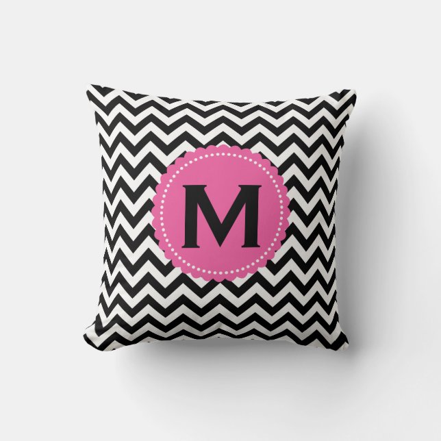 Black White Monogram Chevron Pattern Cushion (Front)