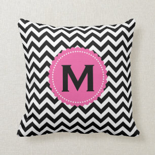 Black White Monogram Chevron Pattern Cushion