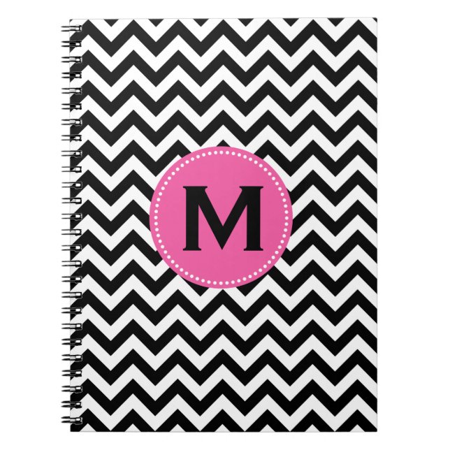 Black White Monogram Chevron Pattern Notebook (Front)
