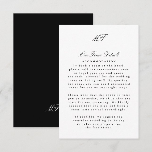 Black White Monogram Classic Wedding Details Info Enclosure Card (Front/Back)