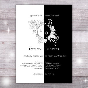 Black White Monogram Crest Elegant Floral Wedding Invitation